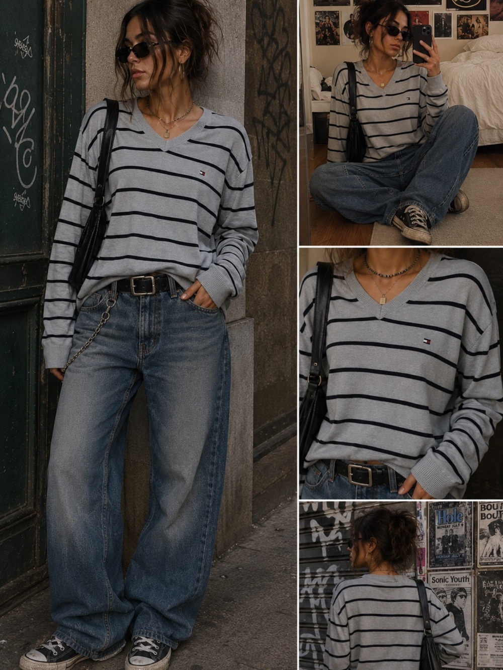 Y2K Tommy Hilfiger Men’s Light Blue V-Neck Striped Sweater - XL